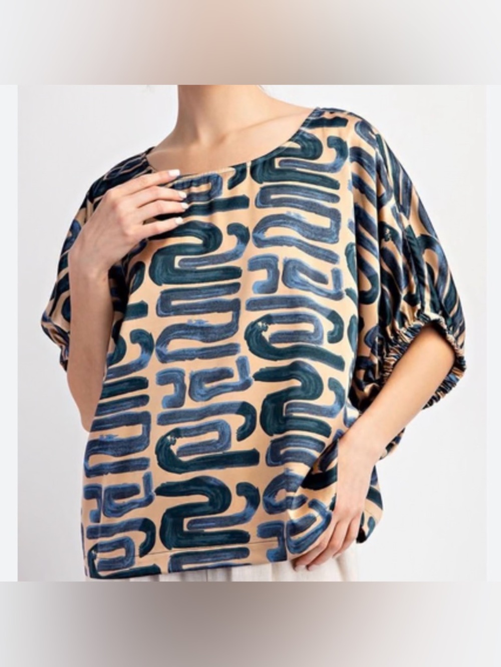 eesome tan silky Top  Blue Brushstroke Print abstract oversized casual office
